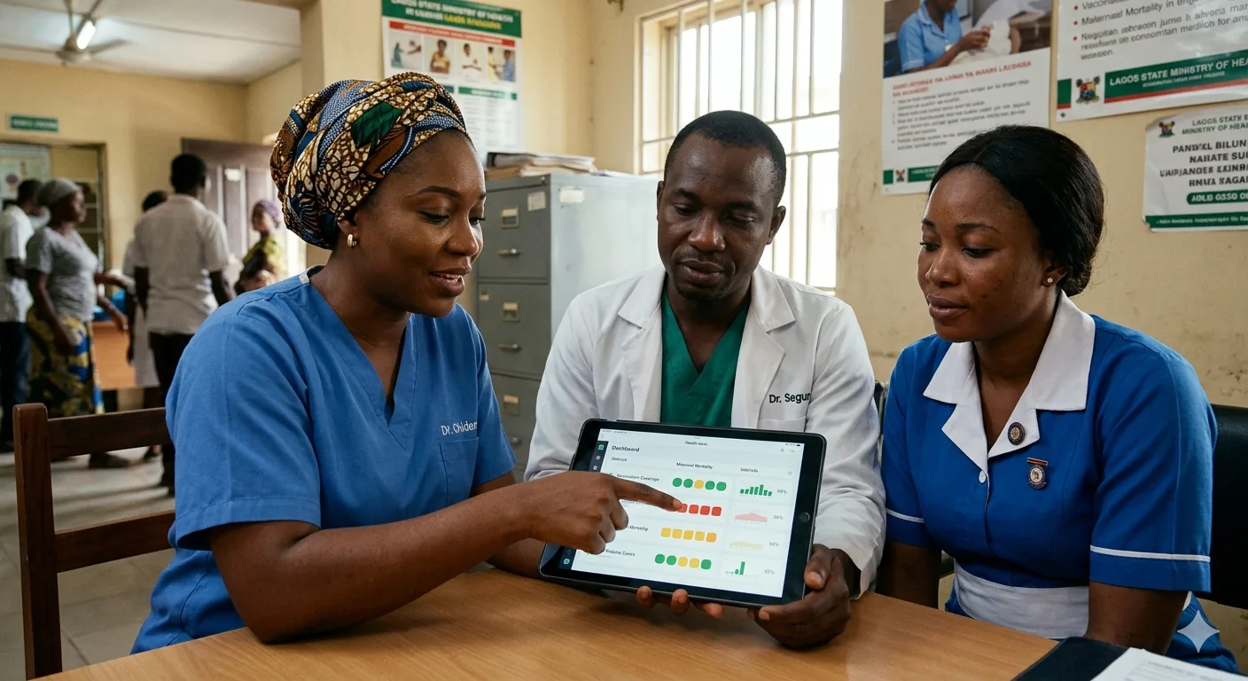 Health workers reviewing a state dashboard on a tablet